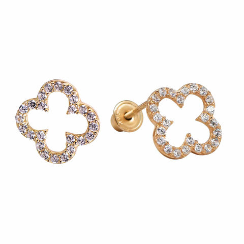 10k Solid Gold CZ Clover Studs - Yellow Gold - Earrings - Ofina