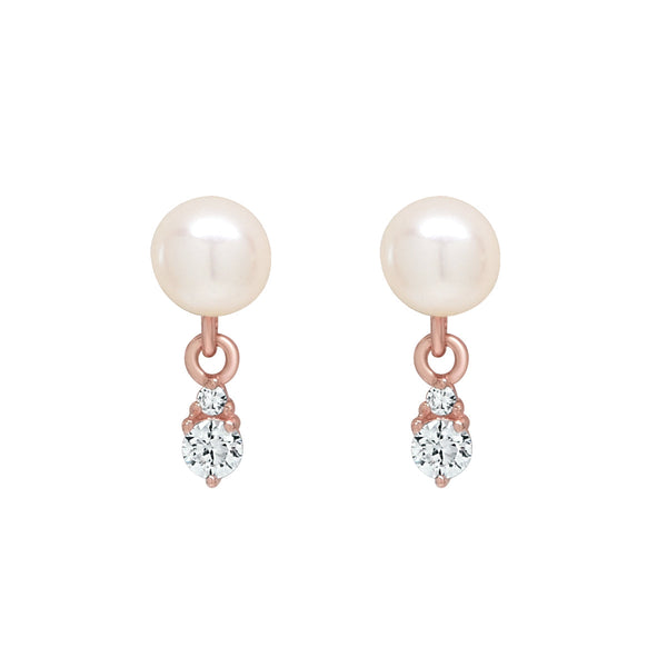 10k Solid Gold Pearl w/ Hanging CZ Studs - Rose Gold - Earrings - Ofina