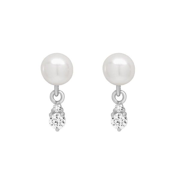 10k Solid Gold Pearl w/ Hanging CZ Studs - White Gold - Earrings - Ofina