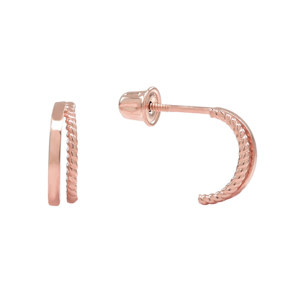 10k Solid Gold Double Line Textured Huggie Studs - Rose Gold - Earrings - Ofina