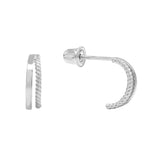 10k Solid Gold Double Line Textured Huggie Studs - White Gold - Earrings - Ofina