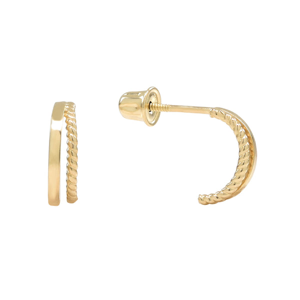 10k Solid Gold Double Line Textured Huggie Studs - Yellow Gold - Earrings - Ofina