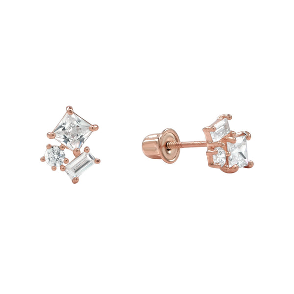 10k Solid Gold CZ Trio Cluster Studs - Rose Gold - Earrings - Ofina