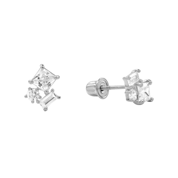 10k Solid Gold CZ Trio Cluster Studs - White Gold - Earrings - Ofina