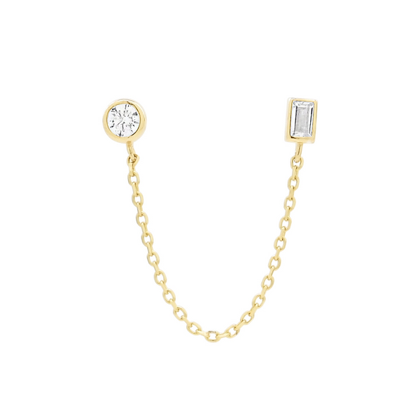 14k Solid Gold CZ Circle / Emerald Dangle Chain Studs -  - Earrings - Ofina
