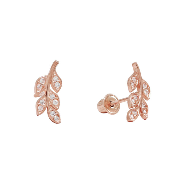 10k Solid Gold CZ Leaves Studs - Rose Gold - Earrings - Ofina